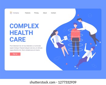 Concept landing page template for web site. Medical advice online, diagnosis of diseases, effective treatment. Patient, doctor and nurse.