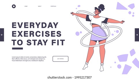 Konzept für Landing-Page, Webseitendesign. Sport, Gymnastik, Aerobic für Frauen. Morgenübungen, junge, modisch gekleidete Mädchen verdreht Hula-Hoops auf der Taille. Vektorgrafik ist in Fitness engagiert.