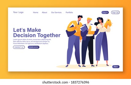 Concept for landing page, web site template with office workers discussing business papers. Teamwork, collaboration, partnership, business vector illustration in flat cartoon style. 