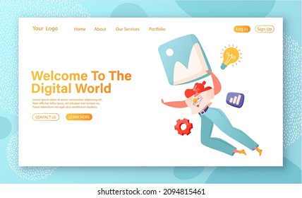 Concept of landing page, web site design. Vector illustration in  flat cartoon style. Theme of social networks, communication on Internet, promotion in online chats, social media, online advertising.