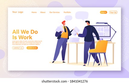 Concept of landing page, website, template for web design with vector illustration in flat cartoon style on the topic of office work, interaction with colleagues, signing documents and teamwork.