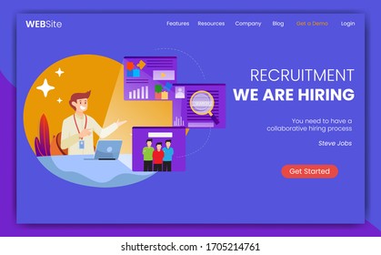 The concept of landing pages on the theme of recruitment and interviews. business people in front of laptops are recruiting in online media. flat vector illustration for landing page