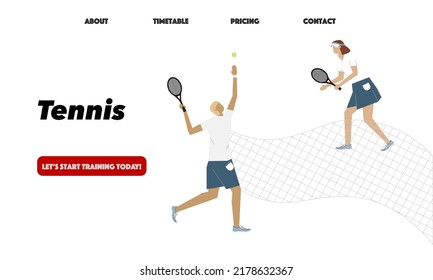Plantilla de página web de llegada de concepto con jugadores de tenis hombres y mujeres de fondo blanco con red gris. Entrenador y estudiante, escuela de tenis. Actividades al aire libre de verano, tiempo libre. 