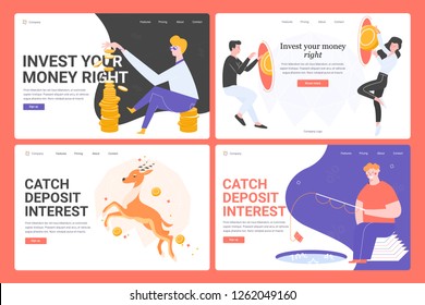 Concept of landing webpage template. Investments, finance and capital increase. Invest the money correctly, catch the interest on deposits. Set of four sites. Bright modern vector illustrations.