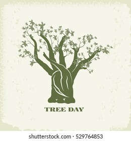 Concept of landscape design.Baobab tree silhouette on kraft paper background.Organic Sign,logo.