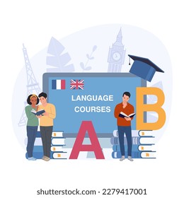 The concept of language courses. Different people learn languages. Vector illustration.