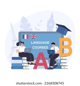 The concept of language courses. People at computers learn languages. Vector illustration.