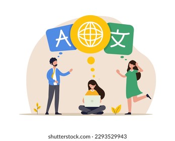 Concept of language learning, linguistic diversity, translation or international communication, global or multilingual education. Young people talk with the symbol of foreign international language. 