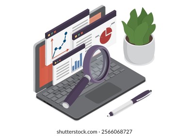 Concept with laptop computer, charts diagrams, graphs. Tools for data analysis, statistical or financial analytics. Isometric vector illustration on white background