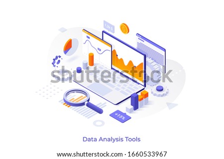 Concept with laptop computer, charts diagrams, graphs and place for text. Tools for data analysis, statistical or financial analytics. Creative isometric vector illustration for advertisement.