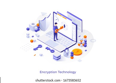 Concept with laptop computer and man opening lock with key. Internet encryption, access to encrypted data, protection of personal information. Creative isometric vector illustration.