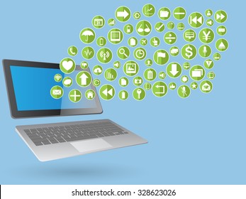 Concept with Laptop Computer on Web icons, Business icons and Technology icons for technology and business concept, Vector Illustration EPS 10.