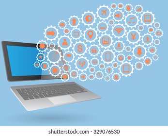 Concept with Laptop Computer on Web icons, Business icons and Technology icons for technology and business concept, Vector Illustration EPS 10.
