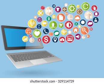 Concept with Laptop Computer on Web icons, Business icons and Technology icons for technology and business concept, Vector Illustration EPS 10.