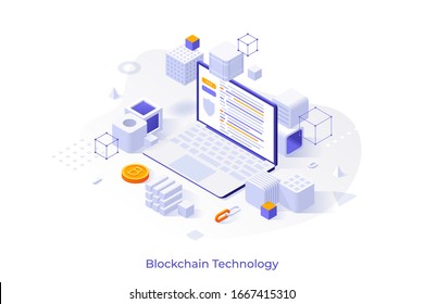 Concept with laptop computer surrounded by cubes and bitcoins. Concept of blockchain technology. Isometric vector illustration for cryptocurrency project advertisement, presentation, website.