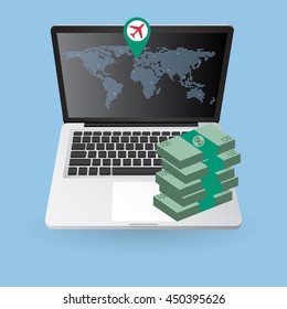 Concept of Laptop Computer for Travel around the world, Vector Illustration EPS 10.