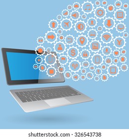 Concept Laptop computer with Web icons, Business icons and Technology icons for technology and business concept, Vector Illustration EPS 10.