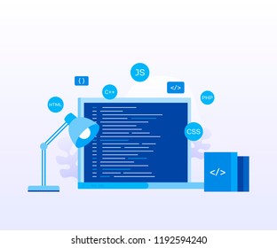 Concept laptop screen with program code for web page, banner, presentation, social media, documents. Modern flat style vector illustration.