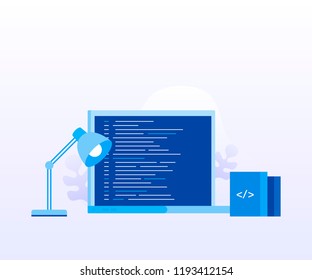 Concept laptop screen with program code for web page, banner, presentation, social media, documents. Modern flat style vector illustration.