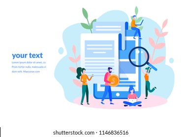 Concept large tablet with check, contract conclusion for web page, banner, presentation, social media, documents, cards, posters. Vector illustration information search, Mobile payment, Banking