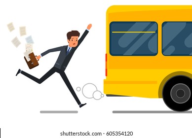 Concept of lateness. Business man in suit is running after outgoing bus. Flat design, vector illustration.