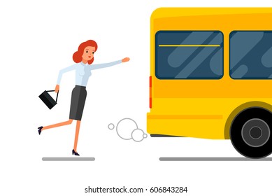 Concept Of Lateness. Business Woman Is Running After Outgoing Bus. Flat Design, Vector Illustration.