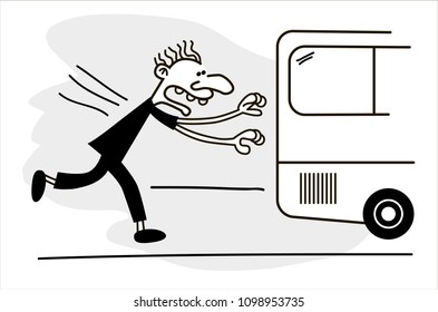 Concept of lateness. Man is late for work or a meeting. Man is running for a outgoing bus.