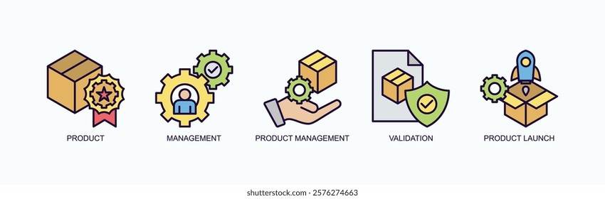 From Concept To Launch Icon Set Isolated Vector With Icon Of Product, Management, Product Management, Validation, Product Launch In Outline Color Style