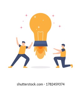 the concept of launching business, the release of an idea, business startup. illustration of a team launching a light bulb rocket. flat design. can be used for elements, landing pages, UI, web sites.
