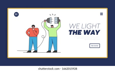 Concept Of Launching Startup, Start New Business. Website Landing Page. Businessmen On The Way To Launch Startup, Getting Plug Into Socket. Cartoon Linear Outline Flat Vector illustration