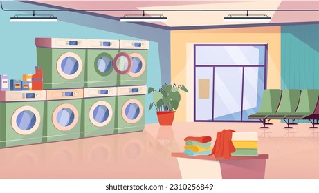 Concept Laundry. A flat, cartoon-designed background featuring a laundry room with washing machines, clothes hangers, and baskets on a white background. Vector illustration.
