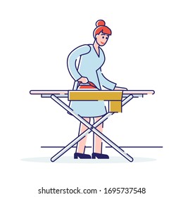 Concept Of Laundry And Housework. Female Character Is Ironing Clothes And Things On The Ironing Board. Young Cheerful Girl Is Doing Housework. Cartoon Linear Outline Flat Style. Vector Illustration