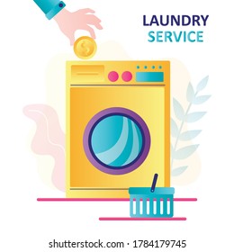 Concept of laundry service and launderette. Hand puts gold coin into big washing machine. Commercial washer, laundromat, laundry room. Housework, chores. Banner template.Trendy fat vector illustration