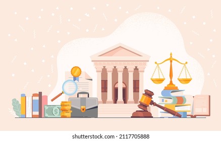 Concept of law justice. Courthouse and hammer hits table. Law, crime and justice. State institutions. Jurisprudence, civil law, criminal cases, buildings in city. Cartoon flat vector illustration