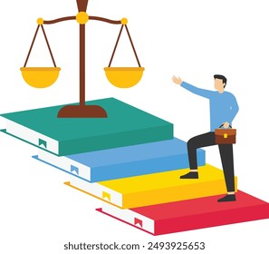 Concepto de Derecho y Justicia. Escalas de justicia, libros de artículos y leyes. Corte Suprema. Estilo plano moderno de la historieta. Ilustración vectorial

