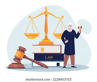 Concept of law. Man in robes of judge with gavel against background of gold scales. Poster or banner for website, legal assistance and support. Advice and assistance. Cartoon flat vector illustration