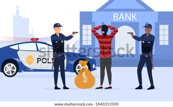 Concept of law and order and the fight against
crime. Diverse of multiracial police officers arresting criminal
and preventing bank robbery. Flat cartoon vector illustration with
fictional characters