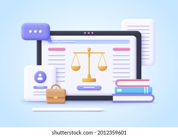Concept Of Law. Professional Lawyer, Punishment, Judgement, Law Advisor, Consultant, Advocate. 3d Realistic Vector Illustration.
 