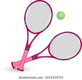 Concepto césped tenis raqueta rosa con icono de bola, equipo profesional realista con ilustración vectorial de dibujos animados, aislado en blanco. Famoso deporte internacional, cultura física de juegos.