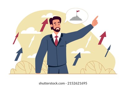 Concept of leader. Boss gives instructions to subordinates and sets goals for development of company. Motivation and selfdevelopment, income increase, tasks. Cartoon flat vector illustration