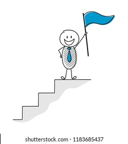 Concept of leader holding flag - funny stickman. Vector.