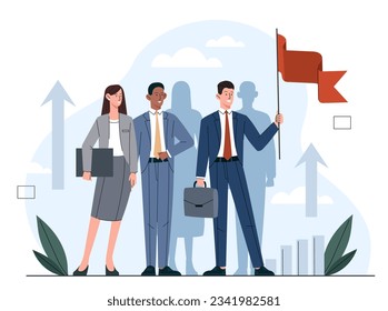 Concept of leader. Man in suit with red flag. Successful entrepreneur and businessman with subordinates. Vision of future and goal setting, motivation. Cartoon flat vector illustration