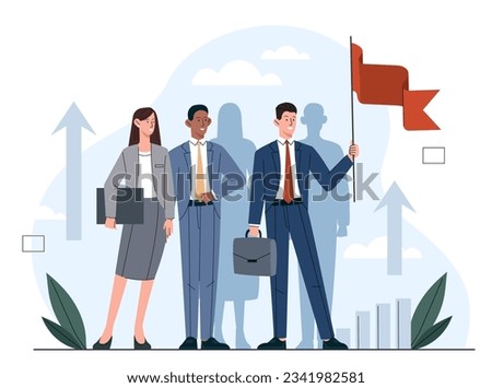 Concept of leader. Man in suit with red flag. Successful entrepreneur and businessman with subordinates. Vision of future and goal setting, motivation. Cartoon flat vector illustration