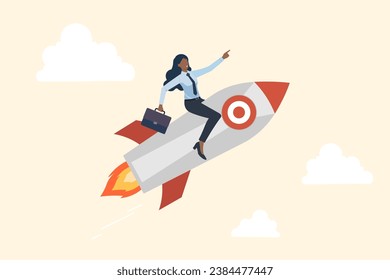 The concept of a leader, manager, and businesswoman is being discussed by many people, African American business woman riding rocket and leader pointing direction business,successful strategies search