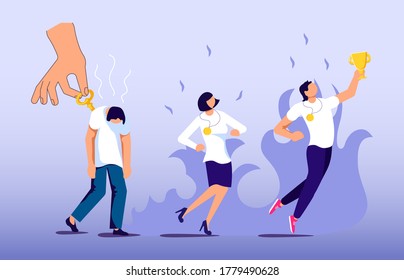 Concept of leader turns on managers with key. Motivation employees, problem solution development, personal growth metaphor. Flat Art Vector Illustration