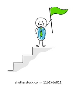 Concept of leader wit hand drawn stickman holding flag. Vector.