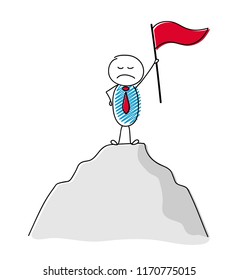 Concept of leader wit hand drawn stickman holding flag and climbing on the top of a mountain. Vector.