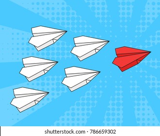 Concept of leadership. business strategy. Red paper airplane with white paper airplanes behind in blue sky. Pop art style.