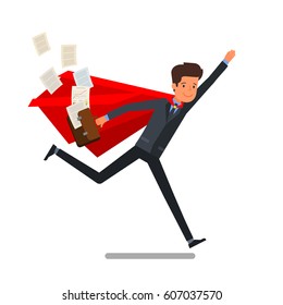 Concept of leadership. Businessman in a red cloak running to his goal. Flat design, vector illustration.