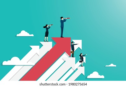 Concept of leadership and career. businesspeople stand on top arrows use binocular looking to the success. symbol as achieves goals in business in work. vector illustration flat.